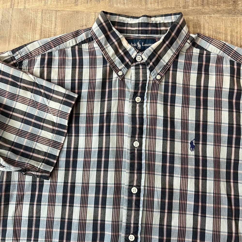 RALPH LAUREN Short Sleeve Plaid Mens Size L Blue Black Lt Rust Color Classic Fit